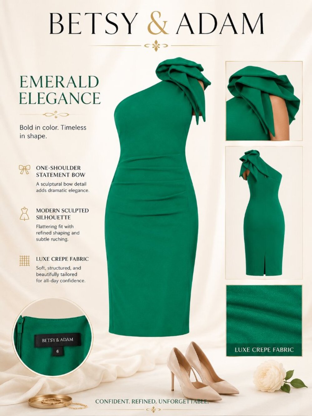 Betsy & Adam Green Asymmetric Ruffled Sleeveless Sheath Dress 8 NWT Party